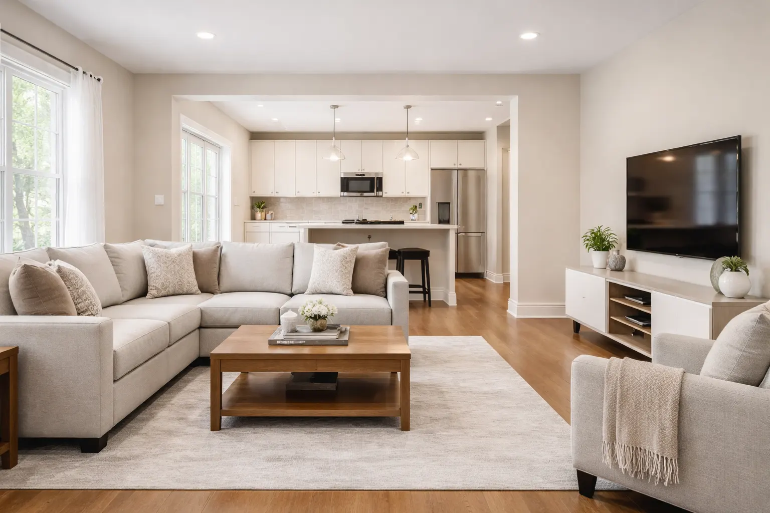 Modern open concept living room and kitchen with light finishes and wood flooring