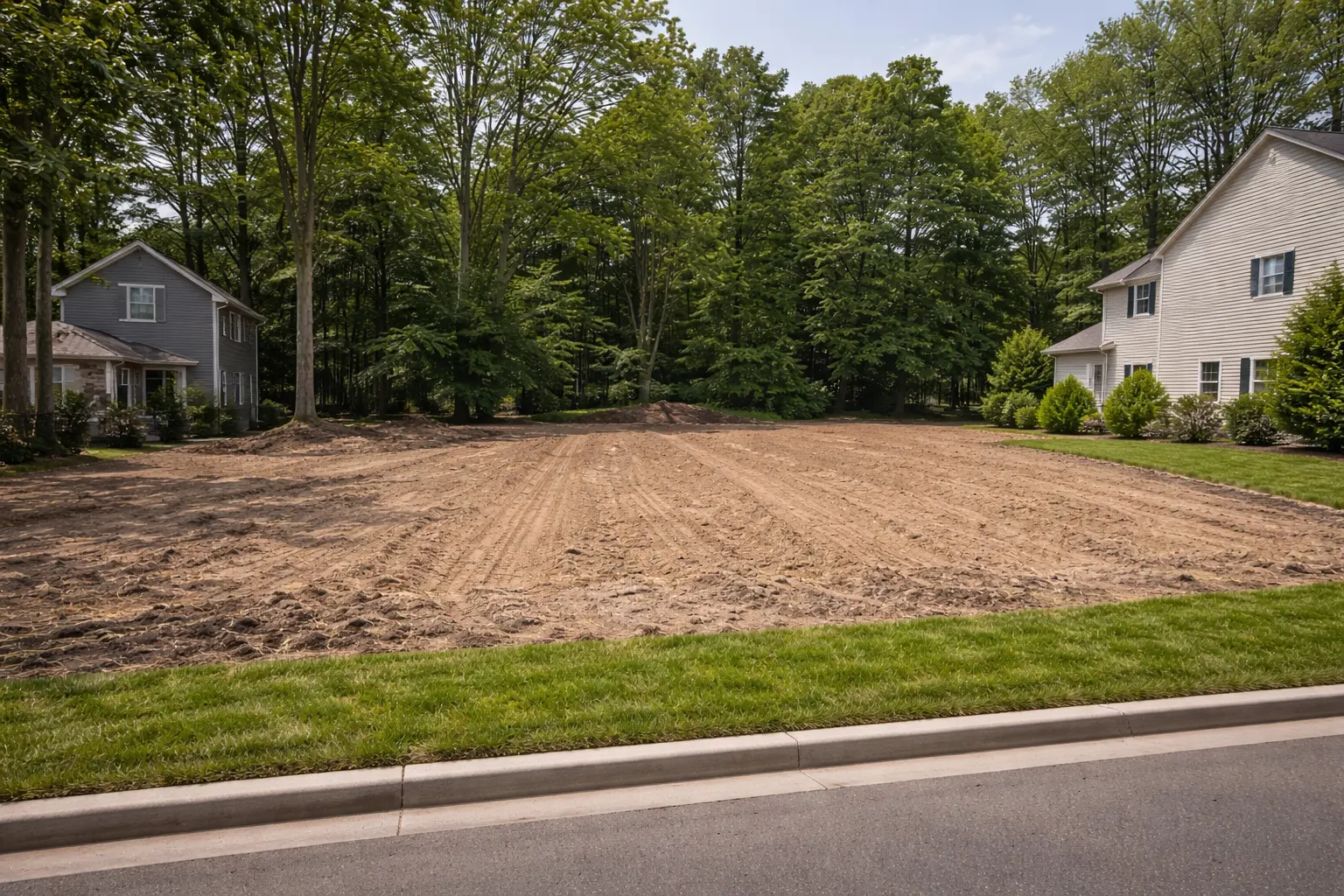 Cleared residential lot in suburban neighborhood ready for new home