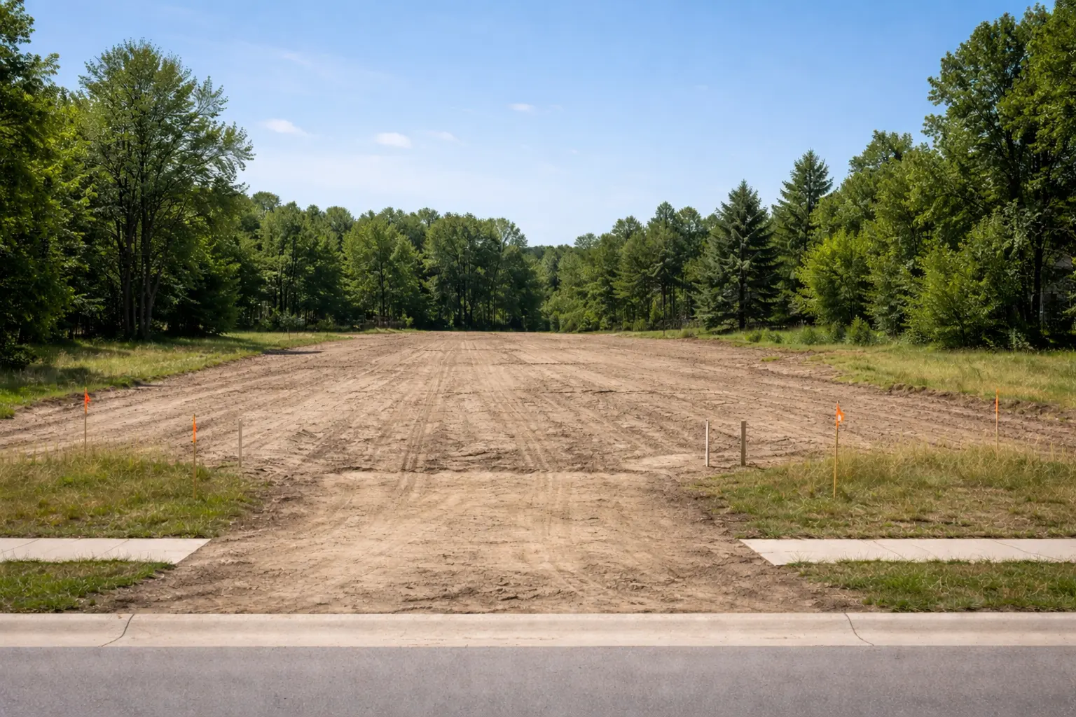 Large cleared construction lot with survey stakes and dirt grading