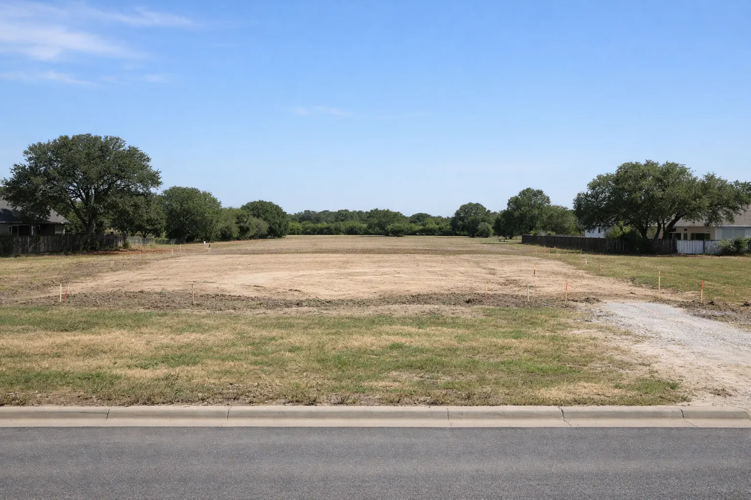 Empty residential lot with rough grading and minimal vegetation