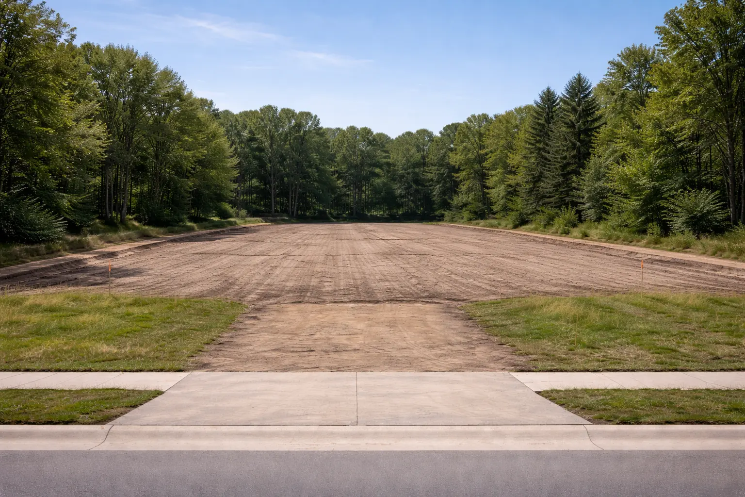 Large cleared residential lot surrounded by mature trees ready for construction