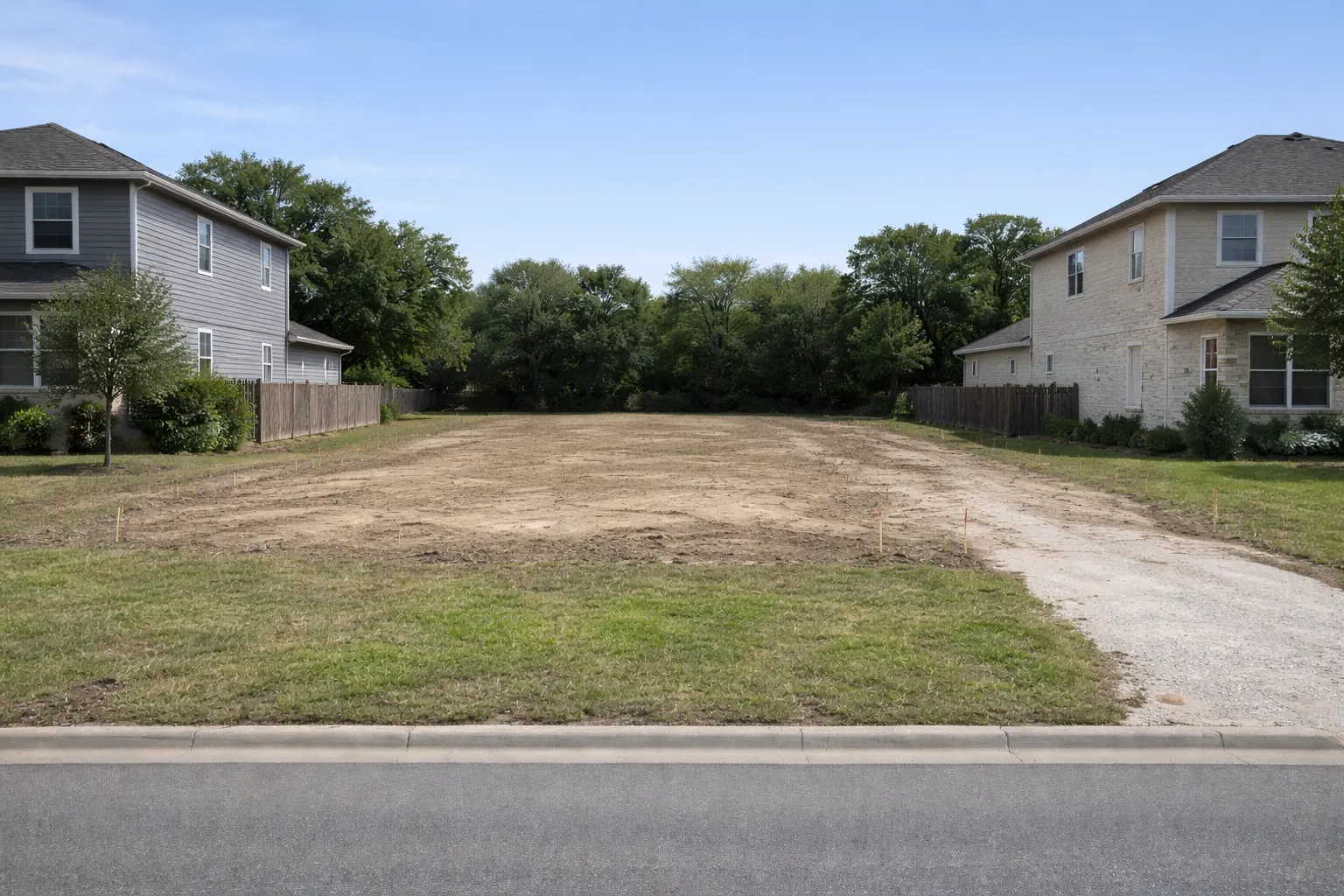Cleared residential lot between two existing homes with rough grading