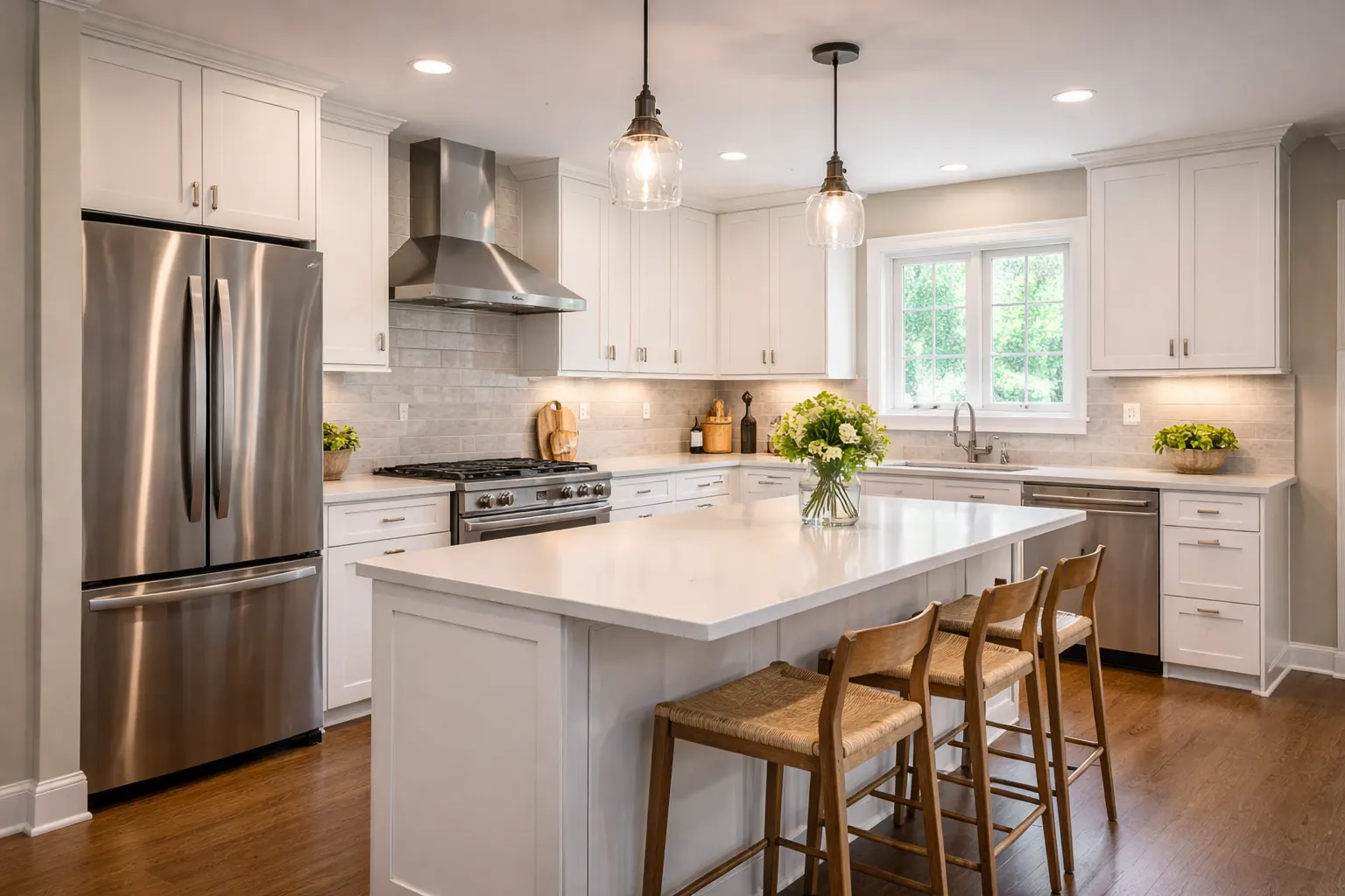Modern kitchen remodel with island seating and white cabinets