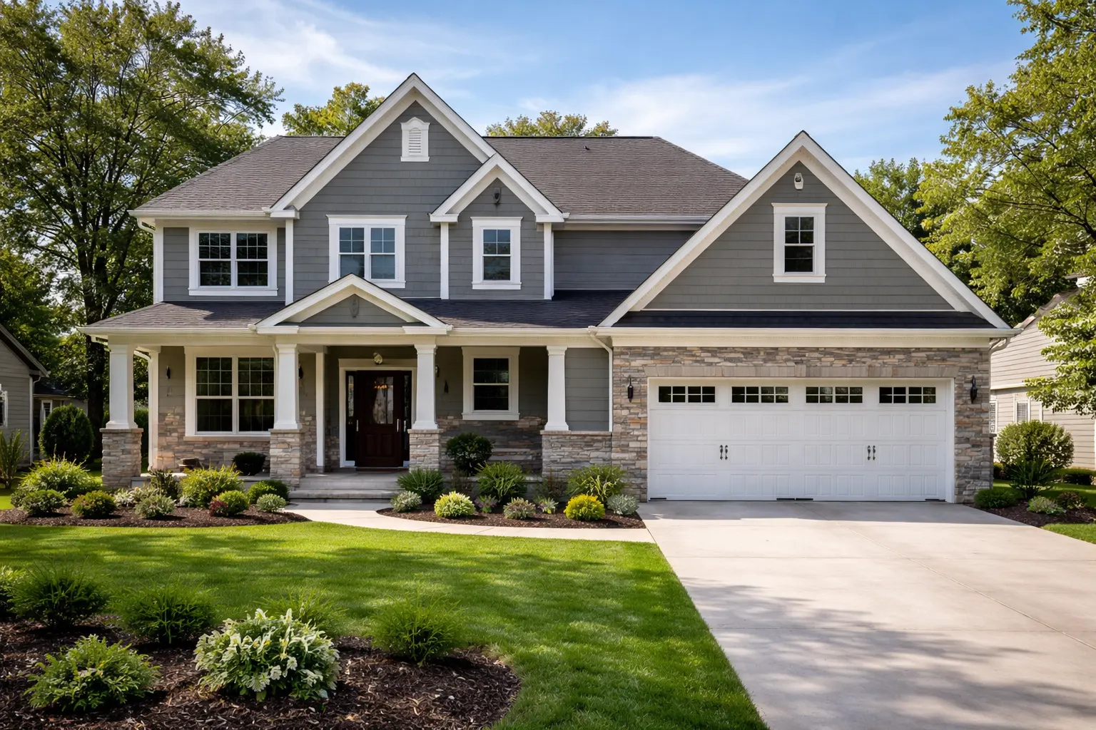 Custom built home exterior with modern design and landscaping